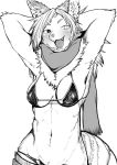  anthro bra canine clothing digital_media_(artwork) dog female fluffy fur hair heterochromia hi_res husko husky inner_ear_fluff long_hair looking_at_viewer mammal monochrome navel open_mouth panties scarf simple_background smile solo standing teeth toco_(artist) underwear white_background white_fur 