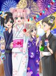 2boys 2girls aerial_fireworks alternate_costume bag bagged_fish bangs black_hair blue_eyes blush brown_hair candy_apple cotton_candy couple darling_in_the_franxx double_bun eyebrows_visible_through_hair festival fireworks fish flower_clothes food genista_(darling_in_the_franxx) green_eyes grey_kimono hair_ornament hand_holding hand_on_another&#039;s_arm hetero high_ponytail hiro_(darling_in_the_franxx) holding holding_food horns japanese_clothes kimono kokoro_(darling_in_the_franxx) lantern lantern_festival light_brown_hair long_hair long_sleeves looking_at_another mask mask_on_head mitsuru_(darling_in_the_franxx) multiple_boys multiple_girls obi oni_horns paper_lantern pink_hair pointing pointing_forward ponytail purple_kimono red_horns sash sharing_food short_hair strelizia striped striped_kimono water_yoyo white_kimono wide_sleeves yukata zero_two_(darling_in_the_franxx) 