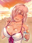  bikini bikini_tan blush bow breasts cleavage collarbone commentary_request dress_swimsuit evening fate/grand_order fate_(series) hair_over_one_eye large_breasts lavender_hair mabo-udon mash_kyrielight open_mouth orange_(color) pink_bow red shiny short_hair sky smile solo sun sunset swimsuit swimsuit_of_perpetual_summer tan tanline white_swimsuit 