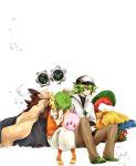  1girl animal archeops bel_(pokemon) black_hat blonde_hair commentary_request gen_5_pokemon green_hair hat highres ichigoro klink long_hair munna n_(pokemon) pokemon pokemon_(creature) pokemon_(game) pokemon_bw short_hair stoutland 