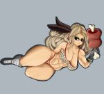  abs amazon amazon_(dragon&#039;s_crown) armor bikini bikini_top blonde_hair breasts cleavage clothed clothing coffeewithdicks dragon&#039;s_crown eating female footwear front_view gloves hair hi_res human human_only long_hair lying mammal meat muscular muscular_female not_furry solo swimsuit thick_thighs thong voluptuous wide_hips 