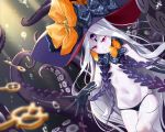  abigail_williams_(fate/grand_order) absurdres black_bow black_gloves black_panties blurry blurry_foreground bow commentary depth_of_field fate/grand_order fate_(series) gloves hat highres key keyhole navel orange_bow pale_skin panties pink_eyes revealing_clothes skull_print star star_print suction_cups tentacles third_eye underwear vkejr702 witch_hat 