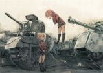  black_footwear boots braid commentary_request crusader_(tank) cup emblem girls_und_panzer ground_vehicle jacket long_sleeves m3_stuart military military_vehicle miniskirt motor_vehicle multiple_girls orange_hair orange_pekoe pleated_skirt red_hair red_jacket rosehip short_hair skirt spilling st._gloriana's_(emblem) st._gloriana's_military_uniform tank teacup tied_hair yasushi 