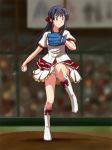  baseball baseball_jersey baseball_mitt black_hair blue_eyes blurry blurry_background boots bow bow_footwear closed_mouth commentary_request depth_of_field frilled_skirt frills frown full_body hair_bow holding idolmaster idolmaster_million_live! knee_boots lielos long_hair looking_to_the_side miniskirt mogami_shizuka panties pantyshot pantyshot_(standing) pitcher's_mound red_bow shirt short_sleeves skirt solo_focus stadium standing standing_on_one_leg sweatdrop throwing underwear white_footwear white_shirt white_skirt 