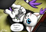  2018 anus blue_eyes blush clothing dialogue digimon digimon_(species) feline female fur gatomon mammal milesnukem one_eye_closed open_mouth pussy solo text tongue white_fur wink 