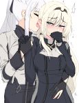  ak-12_(girls_frontline) an-94_(girls_frontline) arm_around_waist bangs black_gloves blonde_hair blush closed_eyes ear_licking girls_frontline gloves green_eyes highres holding_hands licking long_hair long_sleeves multiple_girls ndgd partly_fingerless_gloves ponytail sketch tongue tongue_out white_background white_hair yuri 