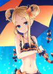  abigail_williams_(fate/grand_order) bare_shoulders bikini black_bikini black_bow blonde_hair blue_eyes bow closed_mouth collarbone commentary_request double_bun emerald_float eyebrows_visible_through_hair fate/grand_order fate_(series) forehead hair_bow head_tilt holding holding_umbrella navel orange_bow oshishio polka_dot polka_dot_bow side_bun sidelocks smile solo striped swimsuit umbrella 