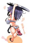  armpits arms_up ass bikini breasts checkered checkered_neckwear chibi eyebrows_visible_through_hair eyepatch kantai_collection large_breasts musical_note necktie necktie_removed no_headwear open_mouth purple_hair running sandals short_hair sideboob solo sugiura surfboard swimsuit tenryuu_(kantai_collection) twitter_username white_bikini 
