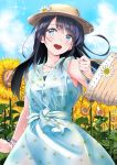  :d arm_at_side armpit_peek bangs bare_shoulders basket black_hair blue_dress blue_eyes blue_sky blush brown_hat cloud collarbone commentary_request cowboy_shot day dress eyebrows_visible_through_hair floral_print flower hat hat_flower highres holding holding_basket jewelry kinugasa_yuuichi long_hair looking_away necklace open_mouth original outdoors pendant print_dress round_teeth sky sleeveless sleeveless_dress smile solo sparkle straight_hair sunflower swept_bangs teeth upper_teeth white_flower wristband 