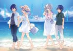  bags_under_eyes barefoot beach blue_eyes blue_hair braid closed_eyes cloud date_a_live day dress highres holding_hands itsuka_shidou murasame_reine novel_illustration official_art open_mouth scan see-through_silhouette short_hair short_sleeves side_ponytail smile sundress takamiya_mio tsunako walking white_dress white_hair 