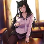  animal_ears atago_(azur_lane) azur_lane bangs black_hair black_legwear black_skirt blush breasts brown_eyes classroom cleavage closed_mouth clothed_masturbation collarbone commentary_request crotch_rub day extra_ears eyebrows_visible_through_hair grabbing_own_breast hair_ribbon indoors kongeraatio large_breasts long_hair looking_at_viewer masturbation mole mole_under_eye necktie open_mouth panties panties_under_pantyhose pantyhose pleated_skirt ribbon school school_uniform self_fondle serafuku skirt smile solo sweat sweater swept_bangs table table_sex underwear uniform white_neckwear white_panties white_ribbon window 