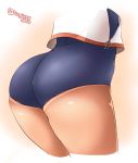  ass ass_focus blue_swimsuit close-up cropped_legs cropped_torso from_side gradient gradient_background i-401_(kantai_collection) kantai_collection lower_body one-piece_swimsuit orange_background ribbon school_swimsuit shirt side_cutout solo standing sugiura swimsuit swimsuit_under_clothes tan tanline thighs twitter_username white_ribbon white_shirt 