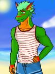  anthro antifreeze clothed clothing dragon male muscular reptile scalie shirt solo tank_top tats_(antifreeze) 