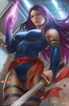  aura bare_shoulders blue_leotard breasts closed_mouth commentary commission cowboy_shot debris elbow_gloves from_below gloves highleg highleg_leotard holding holding_sword holding_weapon large_breasts leotard long_hair marvel muscle norman_de_mesa partly_fingerless_gloves psylocke purple_hair sash solo standing sword thigh_strap thighs weapon x-men yellow_eyes 
