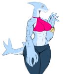  anthro big_hands blush bracelet breasts clothed clothing female fish hi_res jewelry looking_at_viewer marine mature_female non-mammal_breasts shark shark_mom_(sssonic2) simple_background smile solo sssonic2 thick_thighs waving white_background yellow_eyes 