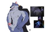  2017 abs anthro areola balls biceps canine claws clothing erection fangs fur grey_fur hi_res humanoid_penis jacket male mammal manly muscular muscular_male nipples nude pecs penis pose sek_studios seungnyangi seyrmo simple_background solo squirrel_and_hedgehog standing thick_thighs triceps whiskers white_background wolf 