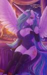  2019 absurd_res anthro armwear big_breasts breasts chest_tuft clothing dialogue digital_media_(artwork) dimwitdog english_text equine feathered_wings feathers female friendship_is_magic hair hand_on_breast hi_res horn huge_breasts inside legwear long_hair mammal multicolored_hair my_little_pony nipple_bulge princess_celestia_(mlp) solo text tuft white_feathers winged_unicorn wings 