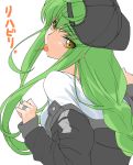  backwards_hat bandaid bandaid_on_finger bangs baseball_cap braid c.c. candy code_geass creayus eyebrows_visible_through_hair food green_hair grey_hat grey_jacket hat jacket jewelry lollipop long_hair looking_at_viewer looking_back m mouth_hold off_shoulder shaft_look shirt simple_background single_braid solo undressing very_long_hair white_background white_shirt yellow_eyes 