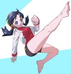  ankea_(a-ramo-do) ass bangs barefoot breasts closed_mouth commentary_request crystal_(pokemon) earrings feet feet_up full_body jewelry kicking legs legs_up pokemon pokemon_(game) pokemon_gsc red_shirt shirt shorts simple_background soles solo thighs 