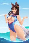  adapted_costume ahri animal_ears bangs beach blue_swimsuit breasts brown_hair center_opening clothes_writing cosplay covered_navel d.va_(overwatch) d.va_(overwatch)_(cosplay) day facial_mark flower fox_ears fox_girl fox_tail hair_flower hair_ornament hairclip highleg highleg_swimsuit highres hip_bones large_breasts league_of_legends long_hair looking_at_viewer mole_on_thigh multiple_tails ocean olga_narhova one-piece_swimsuit outdoors overwatch parted_lips red_lips skindentation solo swimsuit tail taut_clothes taut_swimsuit twitter_username underboob wading water whisker_markings yellow_eyes 