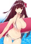  absurdres ass_visible_through_thighs bikini blue_background breasts cleavage cowboy_shot fate/grand_order fate_(series) flower gradient gradient_background hair_flower hair_ornament highres large_breasts long_hair mouth_hold navel purple_hair red_eyes scathach_(fate)_(all) scathach_(fate/grand_order) shunichi side-tie_bikini solo surfboard swimsuit thigh_gap water white_background white_bikini 