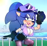  big_breasts blush breasts cleavage clothed clothing crossgender cuisine female gloves green_eyes hedgehog leaning legwear lipstick makeup mammal miniskirt pink_clothing police_uniform skirt smile sonic_(series) sonic_the_hedgehog sweat thigh_highs uniform 