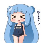  &gt;_&lt; :d ass_visible_through_thighs bangs bare_arms bare_shoulders blue_hair blue_swimsuit blush breasts chibi closed_eyes collarbone covered_navel double_bun eyebrows_visible_through_hair facing_viewer goo_girl half_slime-chan hana_kazari long_hair monster_girl name_tag old_school_swimsuit one-piece_swimsuit open_mouth original school_swimsuit side_bun simple_background small_breasts smile solo swimsuit translated very_long_hair white_background xd 