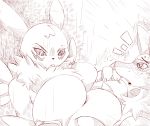  2018 anthro big_breasts blush breast_squish breasts cladz digimon duo embarrassed female female/female hand_on_breast hi_res lucario mammal nintendo pok&eacute;mon pok&eacute;mon_(species) renamon size_difference sweat teeth tongue video_games 
