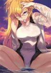  bangs bare_shoulders bikini blonde_hair blue_eyes breasts cloud commentary_request competition_swimsuit covered_navel dusk eyebrows_visible_through_hair fate/grand_order fate_(series) hair_between_eyes hand_on_head jeanne_d'arc_(fate)_(all) jeanne_d'arc_(swimsuit_archer) large_breasts long_hair looking_at_viewer off-shoulder_sweater ohland one-piece_swimsuit one_eye_closed partially_submerged sitting sky solo spread_legs sweater swimsuit water wet wet_clothes whistle whistle_around_neck 