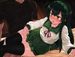  1girl arm_support bed_sheet black_hair black_legwear blush bottomless brown_eyes cum cum_on_clothes fantia_reward frottage green_hair green_hairband hair_ornament hairband highres long_hair looking_at_another lying miniskirt nose_blush null_(nyanpyoun) on_bed on_side paid_reward panties panties_around_one_leg panty_pull pea_pod pleated_skirt sheet_grab skindentation skirt solo_focus stain sweatdrop thick_thighs thighhighs thighs touhoku_zunko underwear voiceroid white_panties zettai_ryouiki 