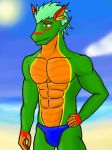  anthro antifreeze clothed clothing dragon male muscular reptile scalie solo speedo swimsuit tats_(antifreeze) topless 