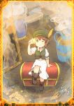 absurdres brown_hair coin dress gloves green_eyes hat highres huge_filesize jewelry long_hair looking_at_viewer mozuku_(mozuuru0323) octopath_traveler one_eye_closed open_mouth short_hair smile solo treasure_chest tressa_(octopath_traveler) 