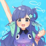  :d ahoge arm_up asari_nanami bangs blue_background blue_eyes blue_hair blue_shirt blunt_bangs blush clenched_hand collared_shirt dot_nose eyelashes fish fish_costume frilled_sleeves frills half_updo head_fins idolmaster idolmaster_cinderella_girls idolmaster_cinderella_girls_starlight_stage koishiriver long_hair looking_at_viewer open_mouth polka_dot polka_dot_background polka_dot_shirt puffy_short_sleeves puffy_sleeves round_teeth scrunchie shirt short_sleeves sidelocks smile solo sparkle starfish_hair_ornament swept_bangs tareme teeth upper_body very_long_hair wrist_scrunchie 