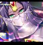  bangs blurry blurry_background close-up covered_mouth dark_skin depth_of_field dutch_angle face fate/grand_order fate_(series) forehead_jewel green_eyes long_hair parted_bangs purple_hair scheherazade_(fate/grand_order) see-through_silhouette solo veil wada_kazu 