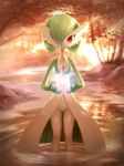  2018 3_fingers ancesra dusk edit featureless_crotch female front_view gardevoir green_hair hair hair_over_eye hi_res humanoid lighting looking_at_viewer nintendo outside partially_submerged pok&eacute;mon pok&eacute;mon_(species) red_eyes smile solo standing video_games water 