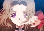  bangs brown_hair choker closed_mouth code_geass creayus forehead hand_up long_sleeves looking_at_viewer m nunnally_lamperouge parted_bangs portrait purple_eyes sad solo 