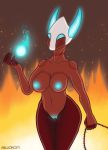  anthro arwokom barbed_wire breasts demon female fire fireball glowing hell horn mask maska nude pussy solo 
