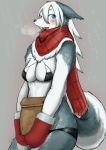  anthro bag blue_eyes bra breasts canine cleavage clothed clothing dog female fur grey_fur hair heterochromia hi_res husko husky long_hair mammal mittens multicolored_fur panties red_eyes scarf snow solo standing toco_(artist) tongue two_tone_fur underwear white_fur white_hair 