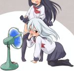  :d akatsuki_(kantai_collection) all_fours black_eyes black_hair black_legwear blood bloody_hands blush brown_background commentary covering_nose electric_fan fanning_crotch female_pervert head_out_of_frame hibiki_(kantai_collection) kantai_collection long_hair long_sleeves looking_at_viewer multiple_girls neckerchief nose_blush nosebleed open_mouth panties panty_pull pantyhose pantyhose_pull pervert sailor_collar school_uniform serafuku skirt skirt_lift smile tobi_(nekomata_homara) two-tone_background underwear white_background white_hair white_panties 