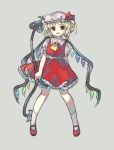  :d blonde_hair collared_shirt flandre_scarlet full_body grey_background holding legs_apart looking_at_viewer one_side_up open_mouth puffy_short_sleeves puffy_sleeves red_eyes red_footwear red_skirt red_vest sasa_kichi shirt shoes short_hair short_sleeves simple_background skirt smile socks solo standing touhou vest white_legwear wings 
