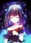  artist_name bangs bare_shoulders blush brown_hair chain closed_eyes collarbone cuffs eyebrows_visible_through_hair facing_viewer frisk_(undertale) hand_up highres long_hair off-shoulder_shirt off_shoulder open_mouth parted_lips purple_shirt red_skirt sasucchi95 shackles shirt short_hair short_sleeves skirt solo striped striped_shirt undertale upper_body 