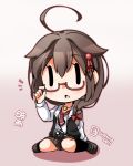  1girl adjusting_eyewear ahoge bespectacled bow braid brown_hair camera chibi eyebrows_visible_through_hair glasses gradient gradient_background hair_bow hair_ornament jewelry kantai_collection long_hair long_sleeves looking_at_viewer necklace open_mouth pleated_skirt red_bow remodel_(kantai_collection) shigure_(kantai_collection) sitting skirt solo sugiura triangle_mouth twitter_username wariza |_| 