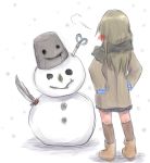  aosora_(mizore) black_scarf blush boots breath brown_coat brown_hair brown_legwear bucket coat knife long_hair long_sleeves mittens original scarf scissors snowing snowman solo 