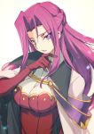  bangs breasts closed_mouth code_geass cornelia_li_britannia creayus eyebrows_visible_through_hair gloves hand_on_own_chin large_breasts lips long_hair looking_at_viewer m parted_bangs pink_lips purple_eyes purple_hair red_gloves simple_background solo upper_body white_background 