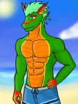  anthro antifreeze clothed clothing dragon male muscular reptile scalie solo swimsuit tats_(antifreeze) topless 