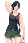  armpits artist_name belt biceps black_hair black_shirt black_tank_top collarbone commentary cowboy_shot english_commentary gearous gleam green_shorts hair_over_one_eye hataraku_saibou highres holding holding_weapon lips nk_cell_(hataraku_saibou) open_mouth shirt short_hair shorts simple_background smile solo sword tank_top teeth thighs weapon white_background 