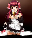  1girl amane amane_(dream_c_club) apron beer_glass blush breasts breasts_outside brown_eyes dream_c_club dream_club highres kyuu_(pinpo) long_hair looking_at_viewer nipples red_hair smile solo thighhighs waitress 