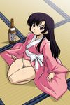  alcohol black_hair bottle highres japanese_clothes kimono kuhouin_murasaki kure-nai long_hair no_panties ryumage sake solo tatami wakamezake 