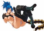  belt blue_eyes blue_hair blush boots breasts gloves leona_heidern medium_breasts myp2 panties ponytail shirt_lift side-tie_panties solo tank_top the_king_of_fighters underwear undressing 