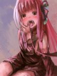  1girl aoyagi_(pixiv32922780) collar drooling finger_in_mouth kotonoha_akane leash long_hair looking_at_viewer open_mouth pink_hair saliva tears teeth tongue voiceroid 